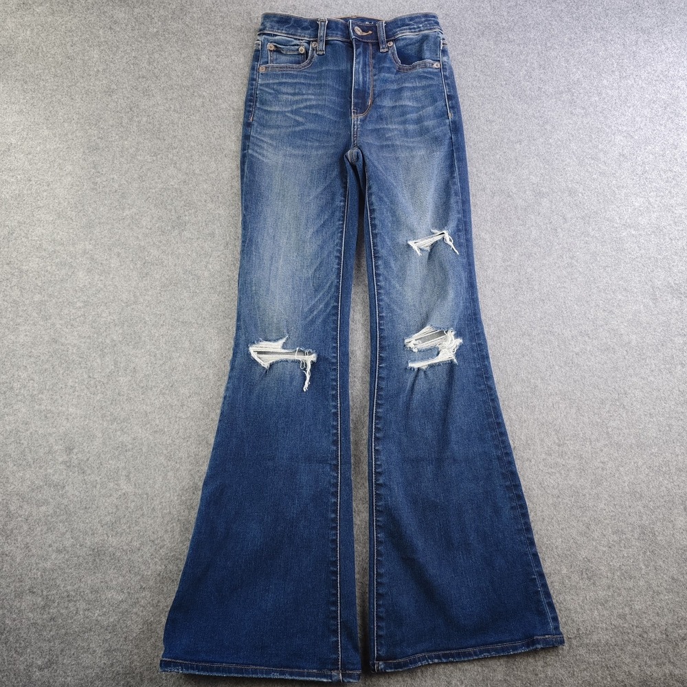 American Eagle Super High Rise Flare Jeans Women's 00 Regular Blue Distressed